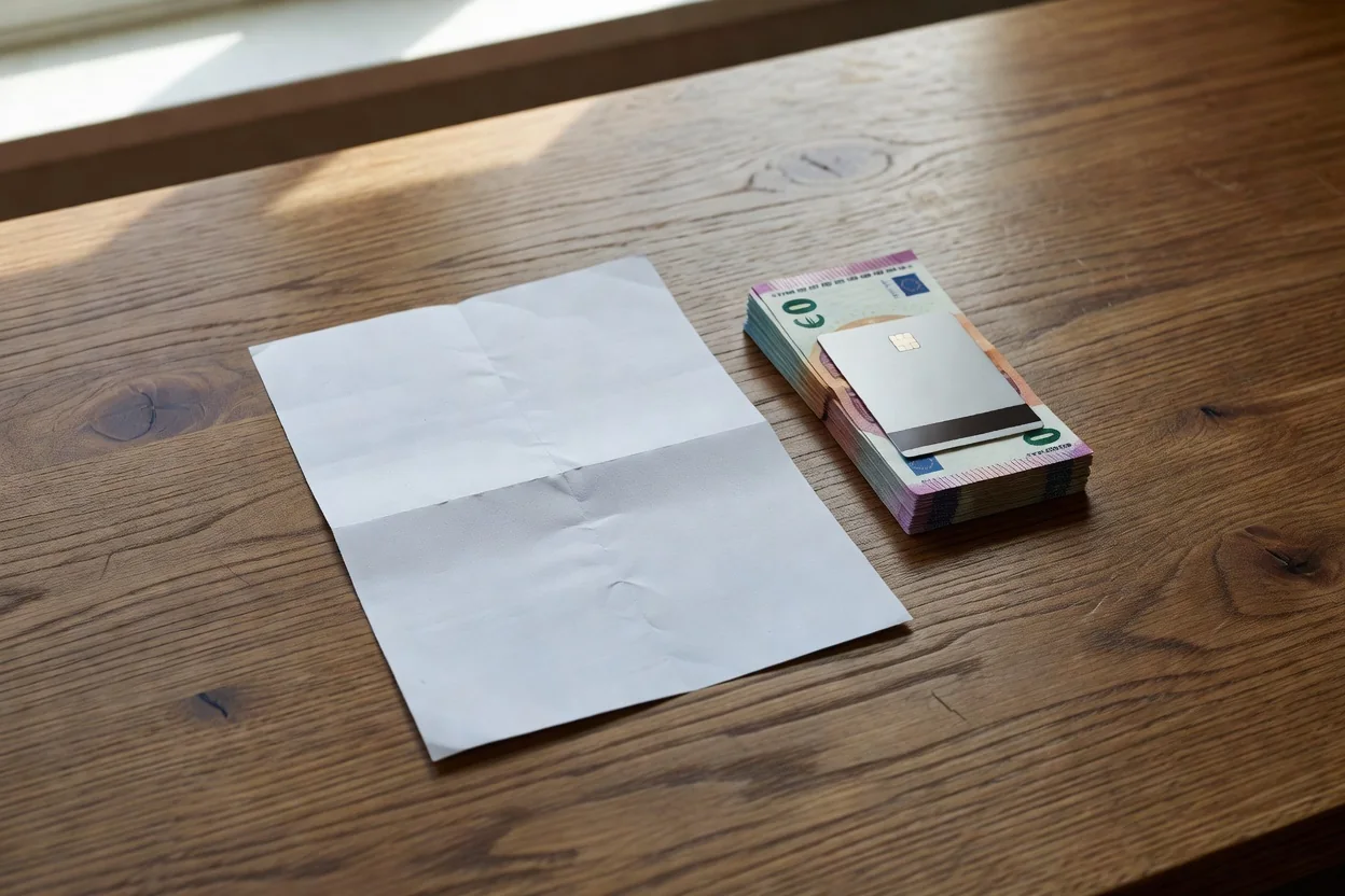 Saque 1xBet: recibo de transferência, notas de euro e um cartão virado para baixo numa secretária, sem logótipos