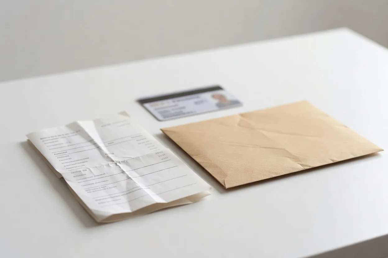 Verificação 1xBet: cartão de cidadão tapado, fatura de luz e um envelope de documentos numa mesa, sem dados legíveis