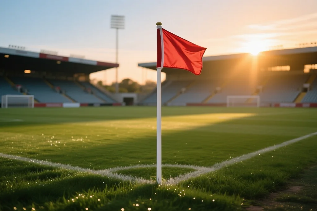 Estádio argentino à noite com bandeiras de clubes nas arquibancadas e a taça em primeiro plano