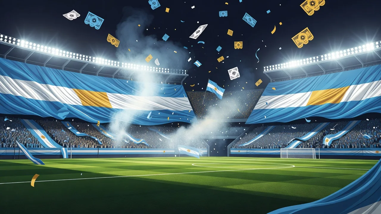 Jogadores de um time argentino comemorando gol em estádio lotado durante partida da Copa Libertadores