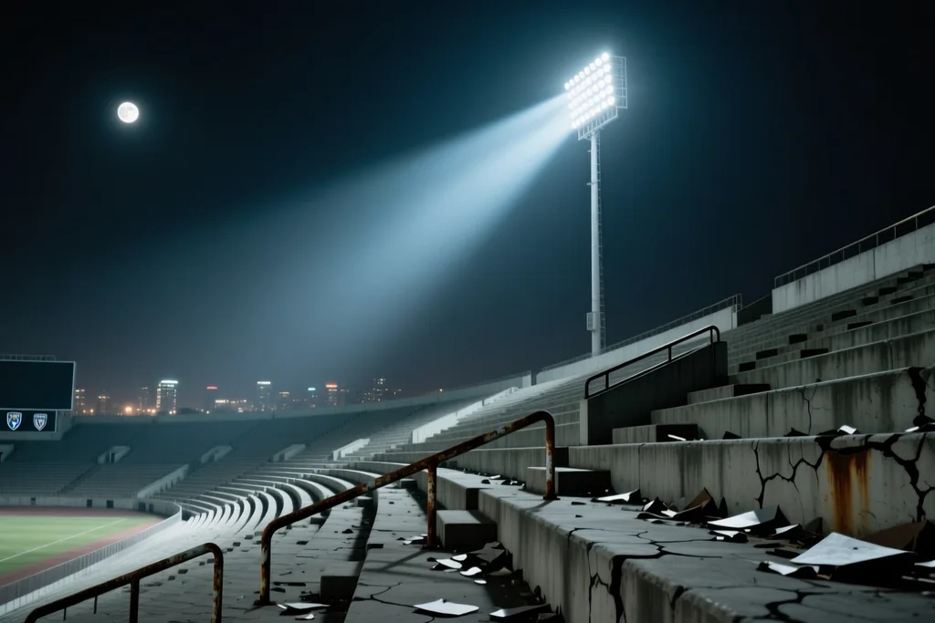 Bola e taça sobre o gramado de um estádio sul-americano iluminado durante a noite