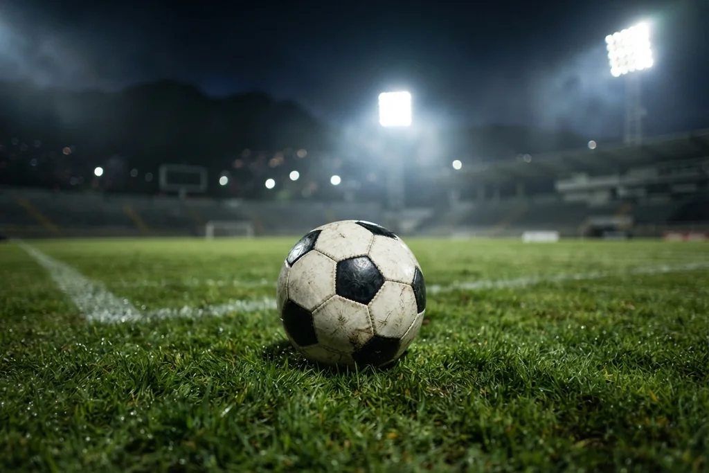 Jogo noturno num estádio de altitude, com jogadores adultos em campo