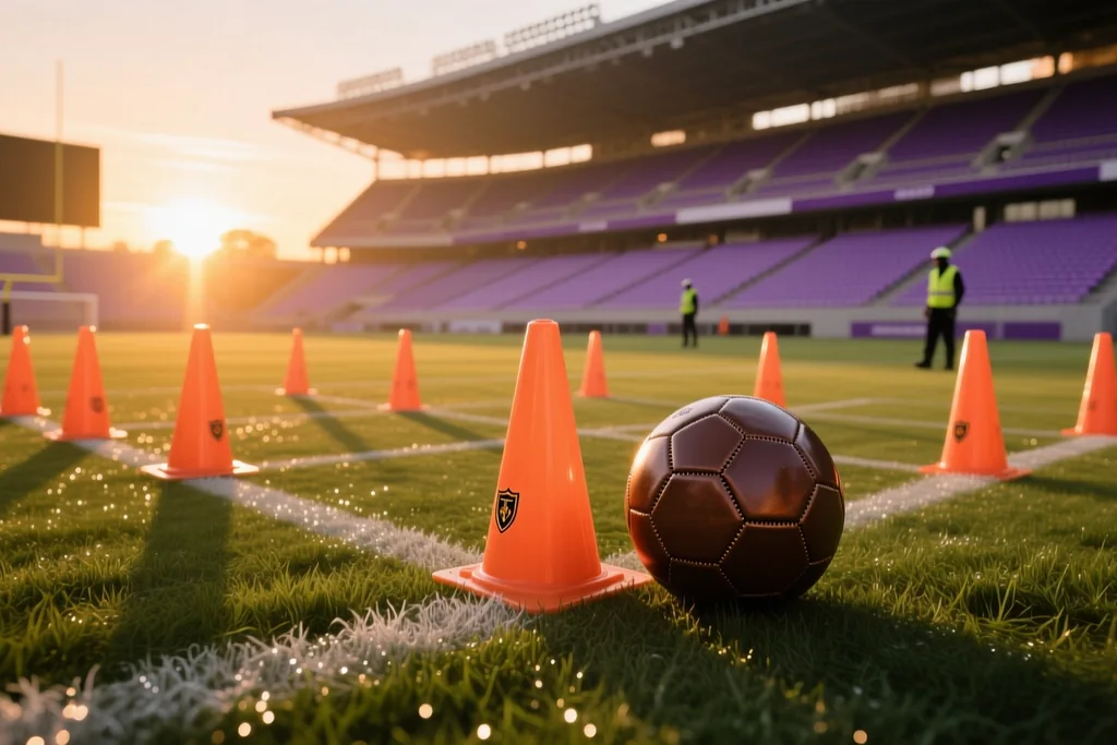 Campo de futebol argentino ao entardecer com bandeiras de clubes nas arquibancadas laterais