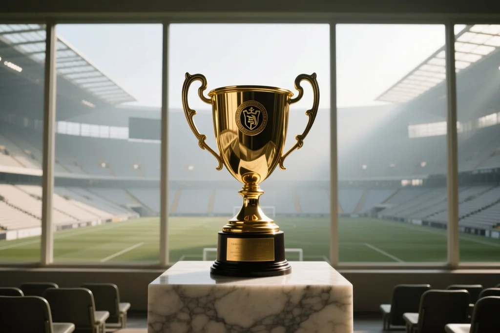 Estádio iluminado à noite com taça dourada em primeiro plano