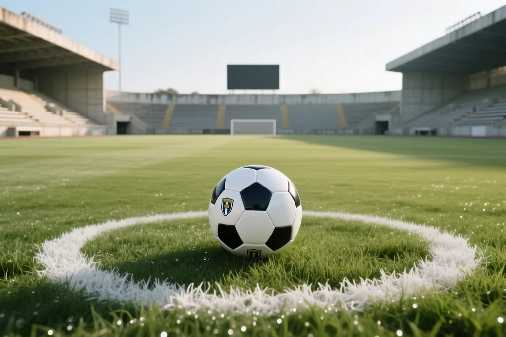 Estádio amplo visto de cima com faixas de três países anfitriões