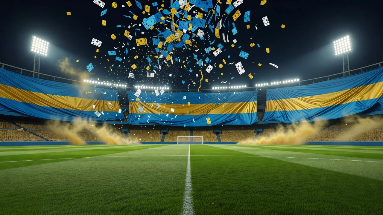 Jogadores comemorando título da Superliga Argentina em estádio lotado