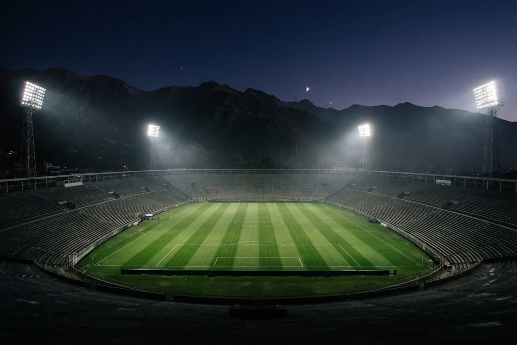 Jogo noturno num estádio de altitude, com jogadores adultos em campo