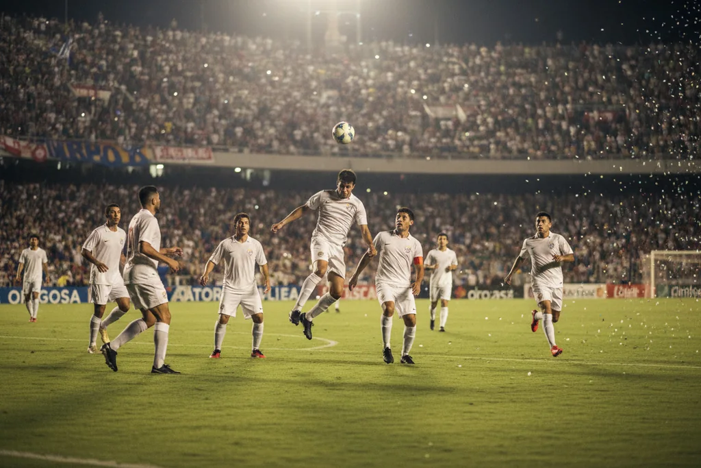 Jogadores adultos em campo durante partida noturna em estádio sul-americano