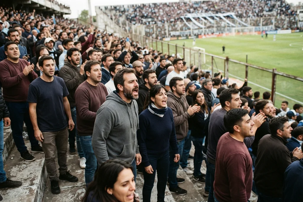 Torcedores adultos nas arquibancadas de um estádio argentino, luz de fim de tarde