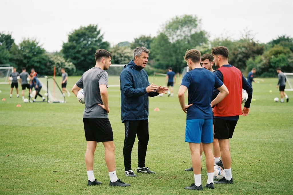 Treino de futebol com técnico orientando jogadores adultos em campo verde
