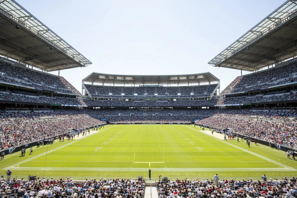 Estádio com arquibancadas cheias numa tarde de calor, visto de longe